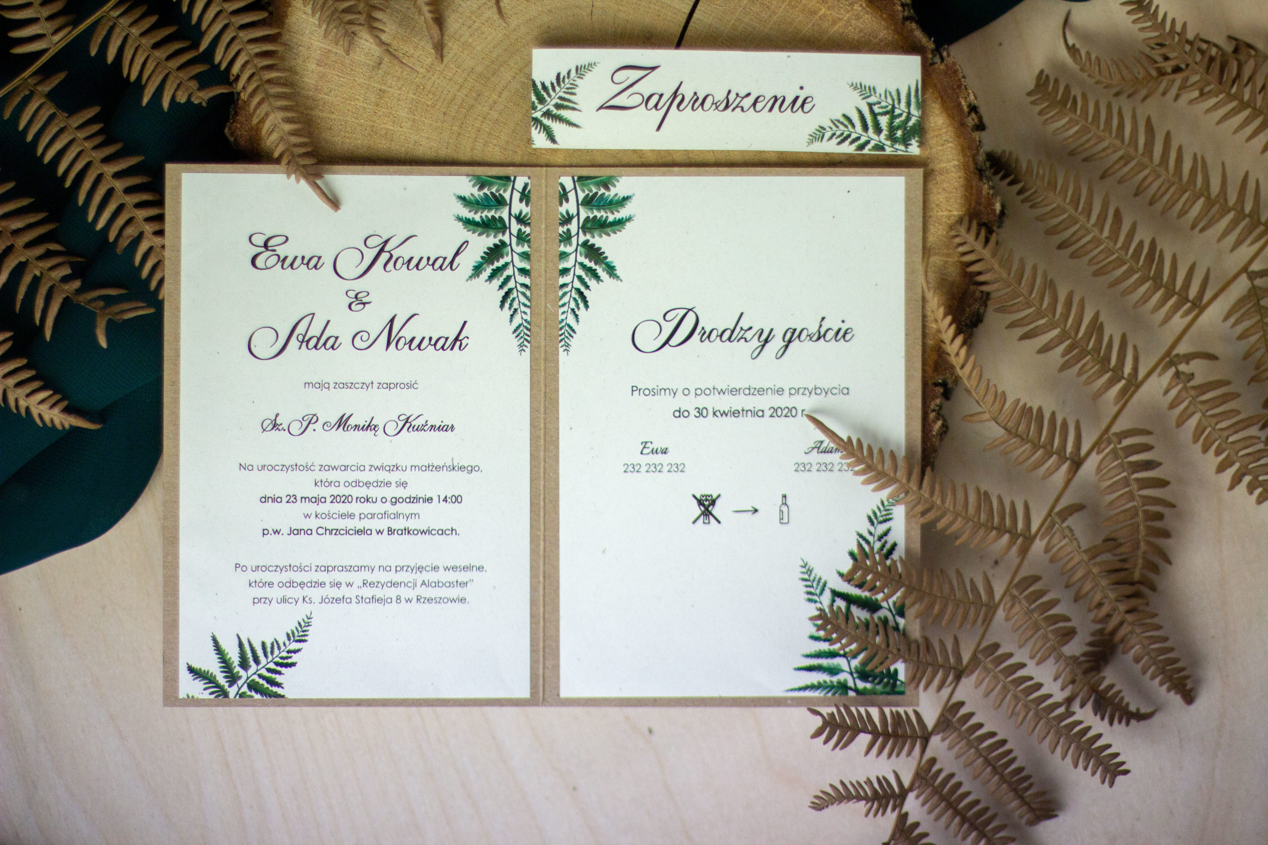 zaproszenie ślubne składane eko z liśćmi paproci