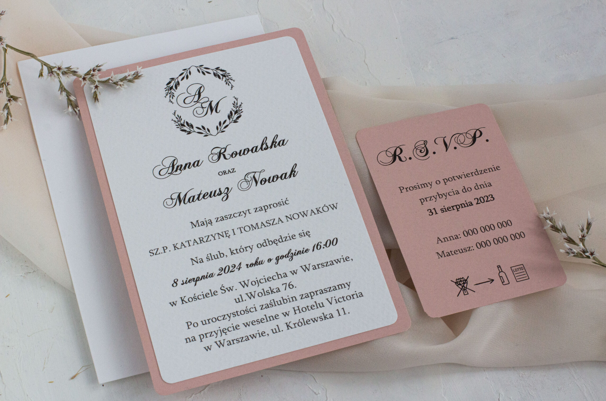 Jednostronne zaproszenie ślubne pudrowy róż - wzór z różowym mogoramem